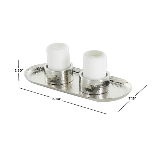 16" Silver Stainless Steel Metal Hammered Candle Holder with Oval Tray Plate